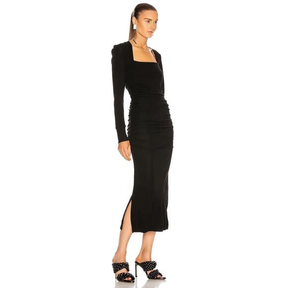 GANNI Square Neck Viscose Ruched Jersey Midi Dress Black 34 XS - Picture 1 of 8